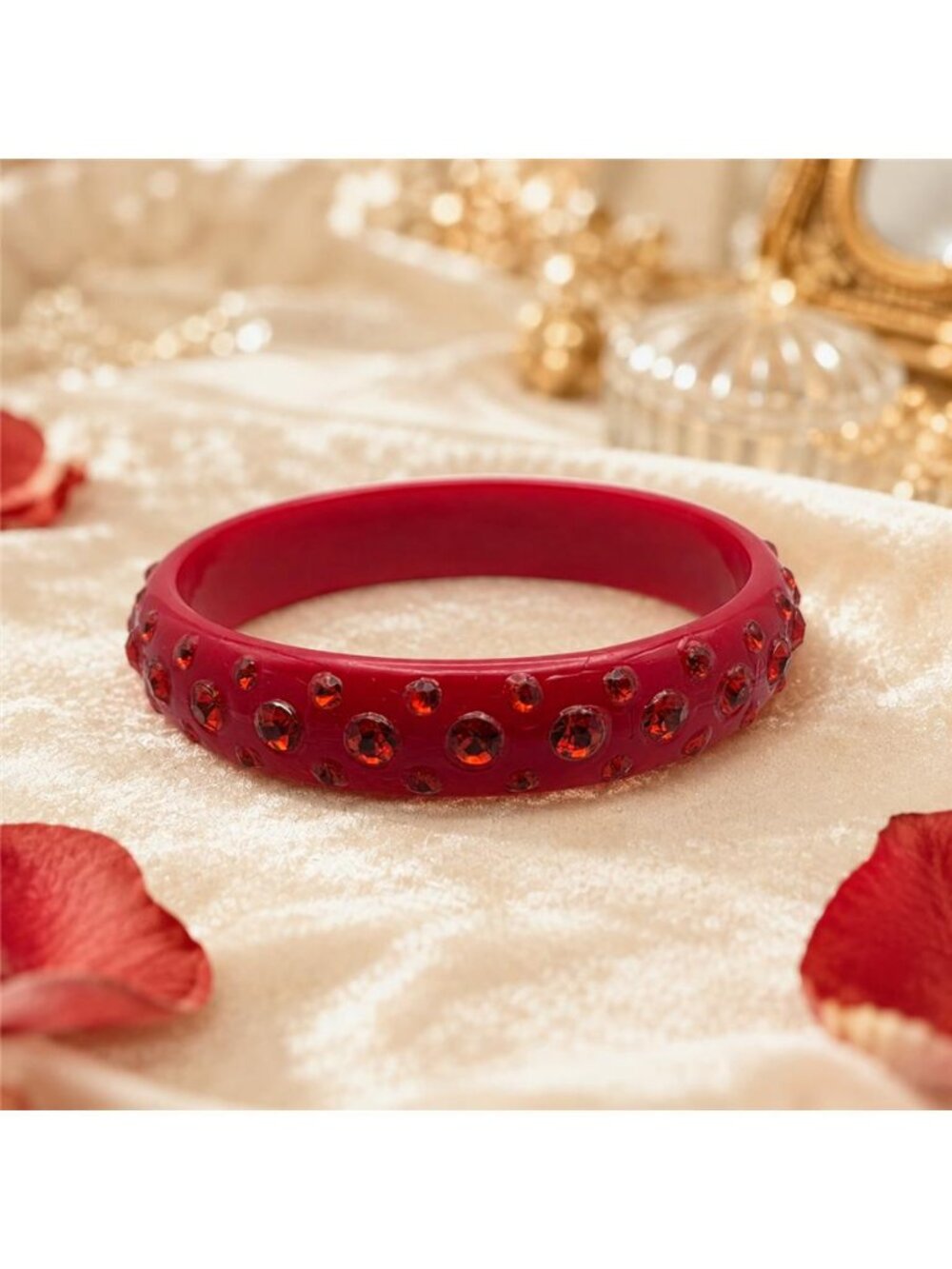 Red Lucite Rhinestone Bangle Bracelet XL 9 Inch Chunky Vintage 16.5mm Wide